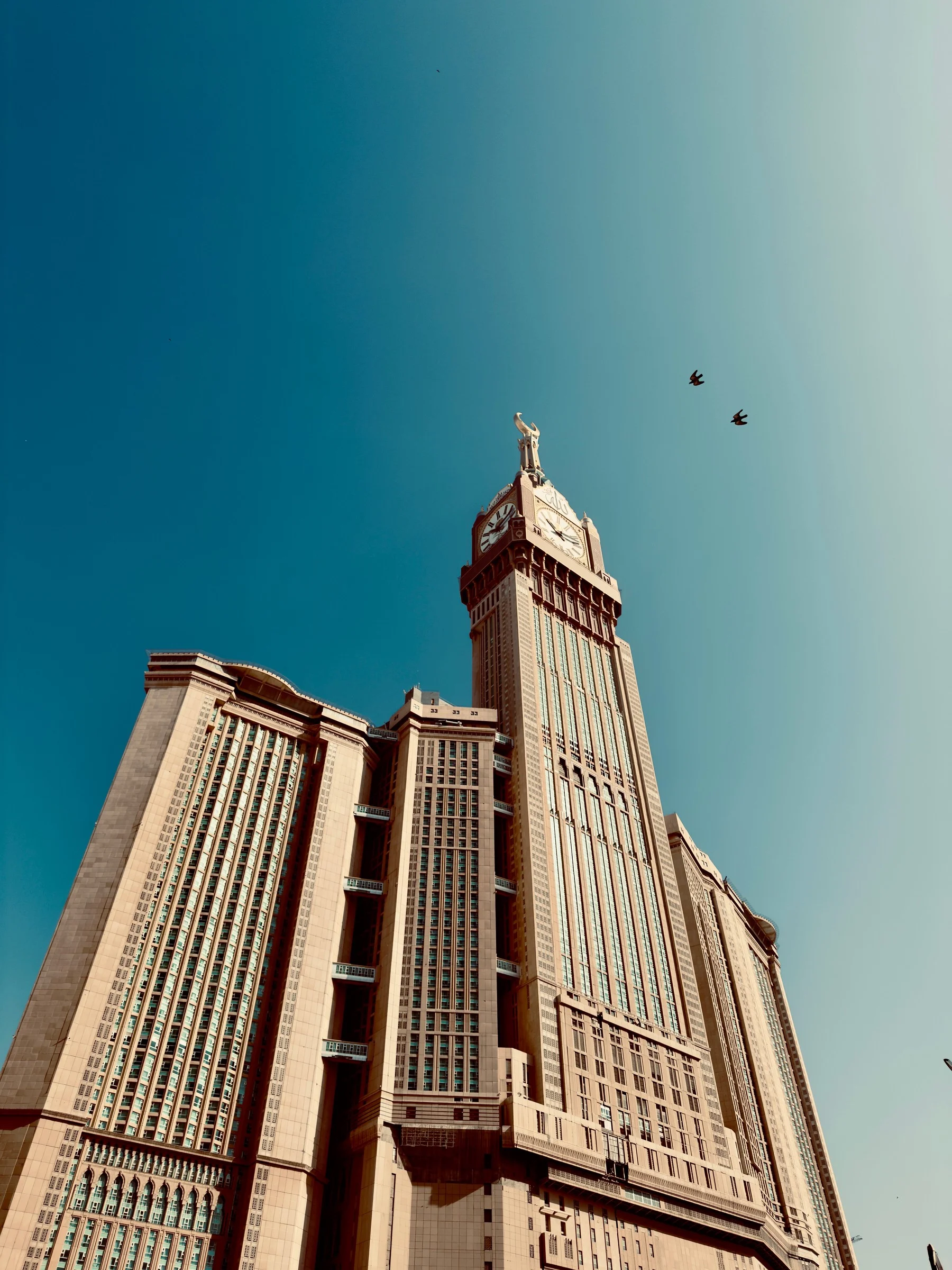 A clock tower rising into a clear sky, two birds crossing