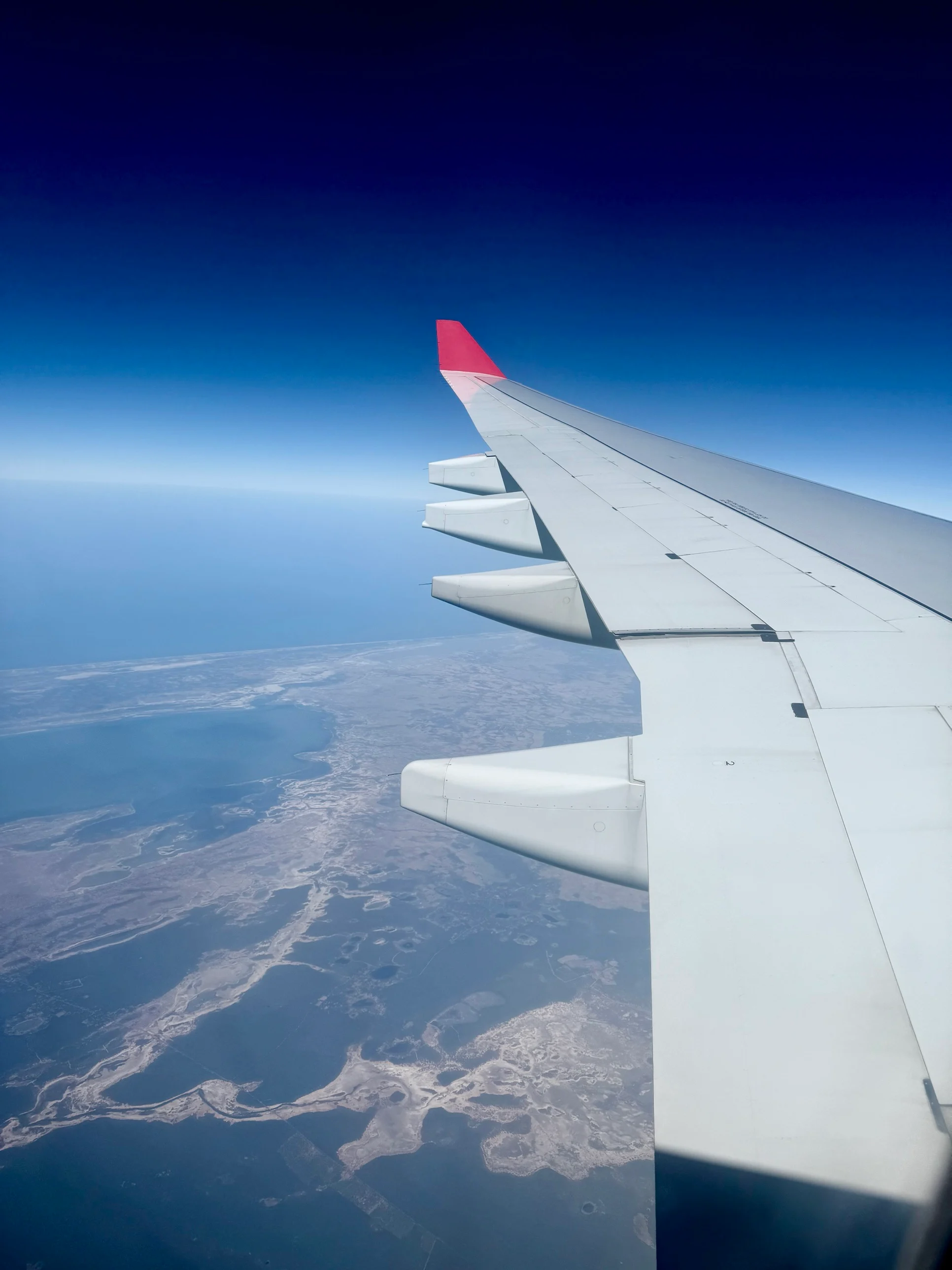 A wing over a pale coastline and shallow water under deep blue sky