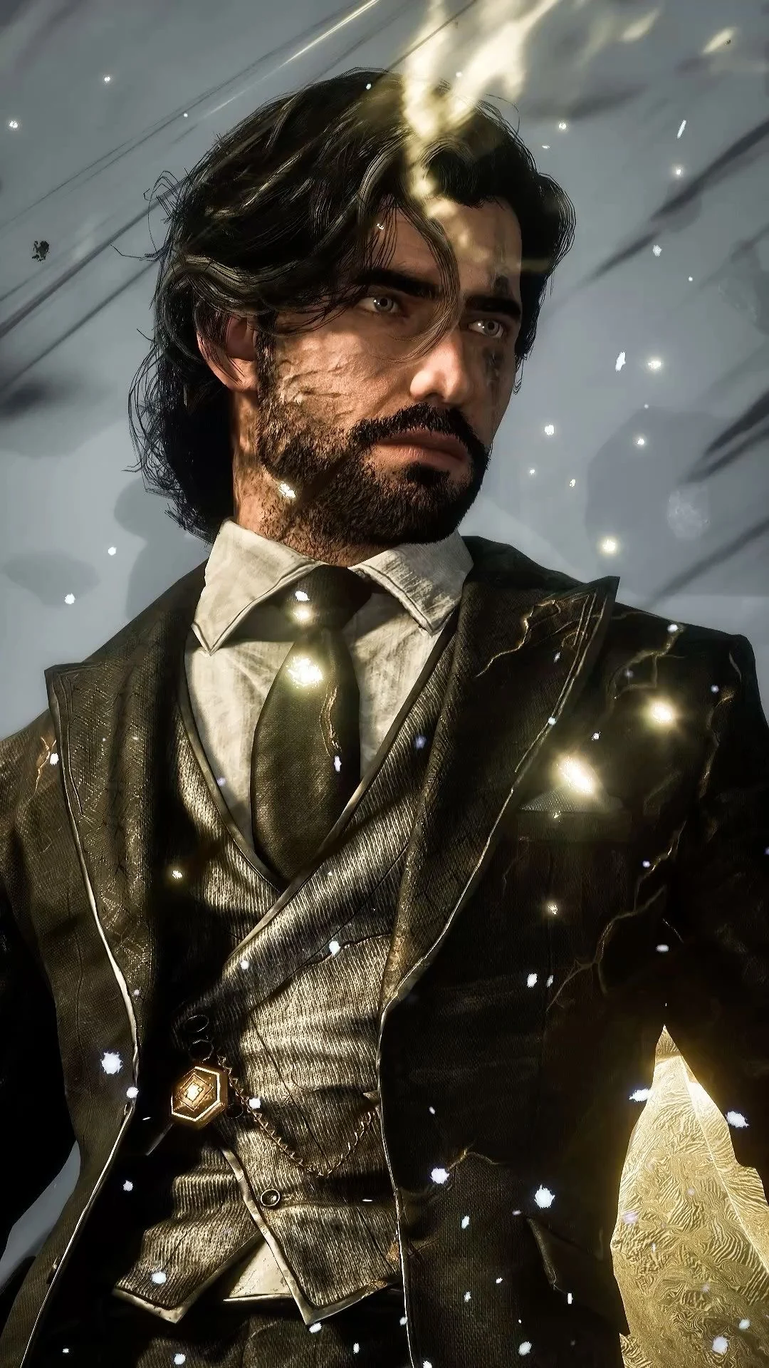 A man in a pale suit as light falls around him