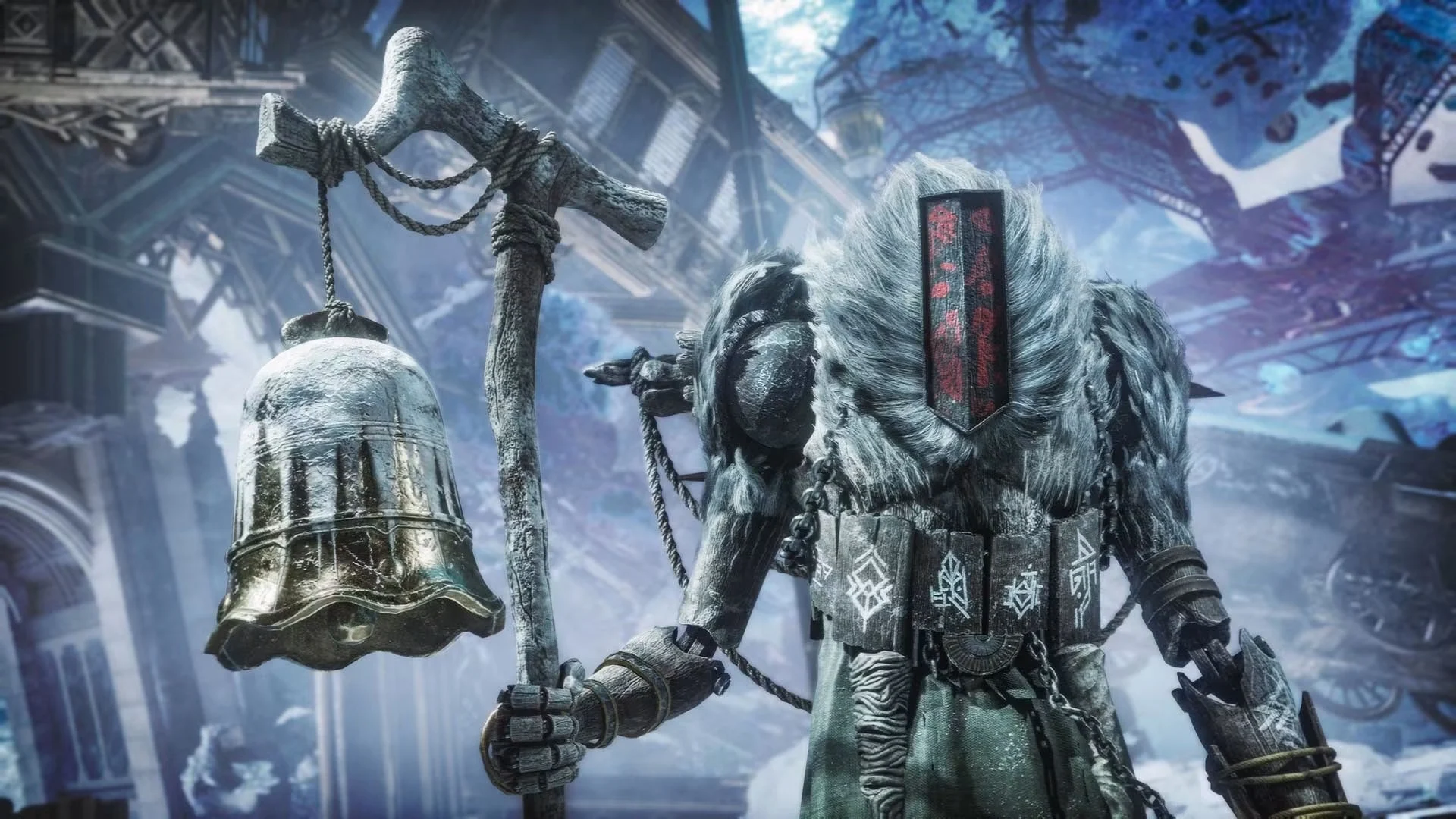 A masked figure in furs holding a bell and a staff among frozen ruins