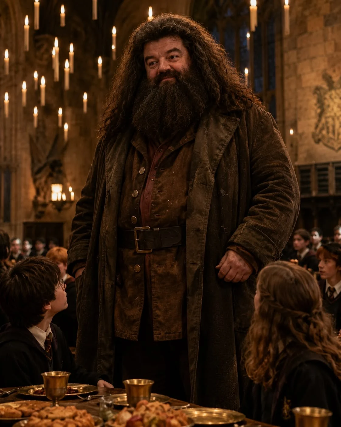 Hagrid standing over the table in the Great Hall