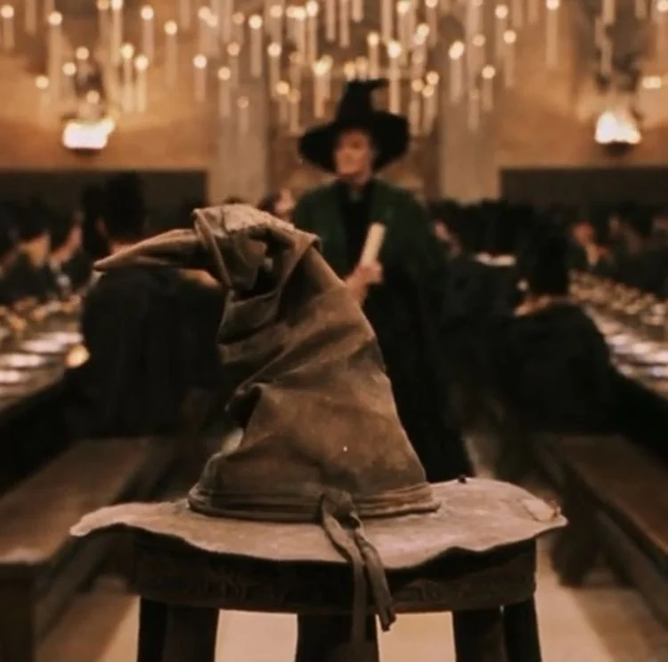 The Sorting Hat on a stool in the Great Hall