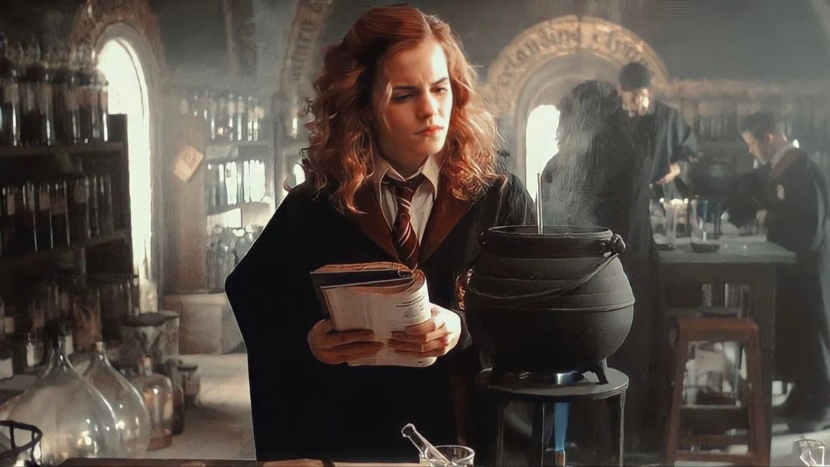 Hermione reading beside a cauldron in the potions classroom