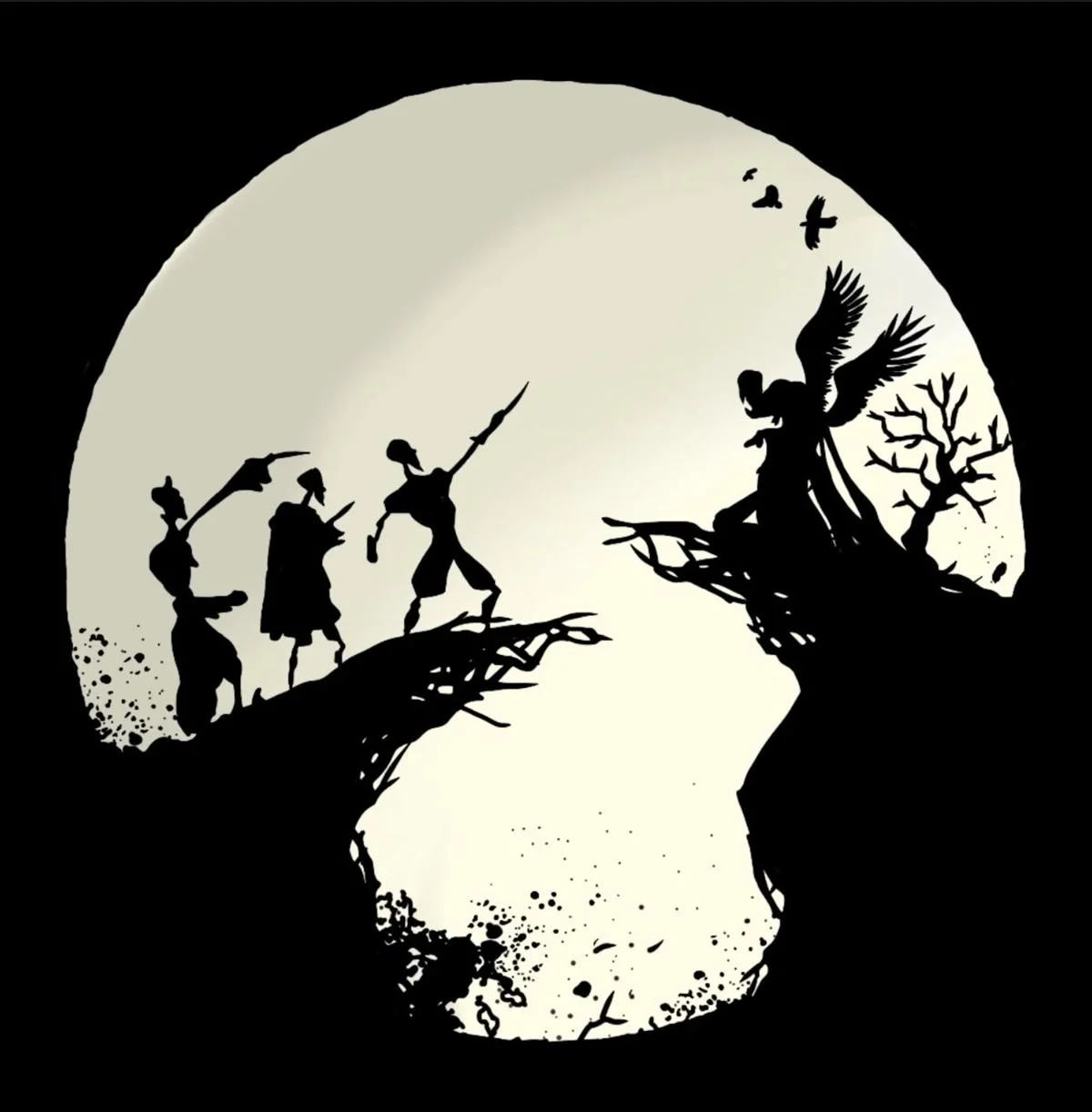 Shadow puppet figures on a cliff beneath a full moon