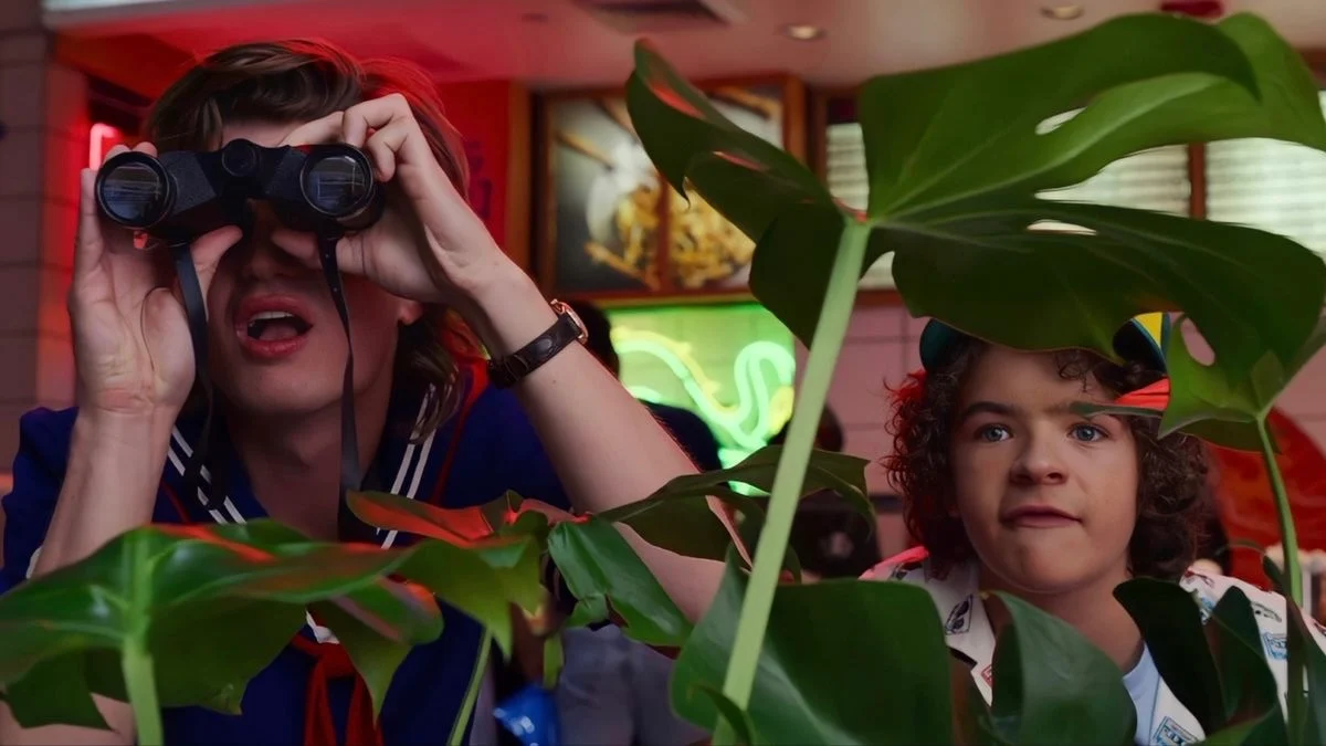 Robin watching through binoculars while Dustin looks on