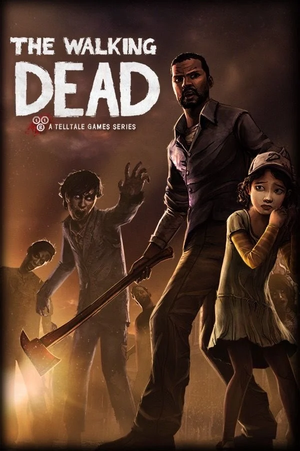 Season One cover art, Lee holding an axe with Clementine beside him